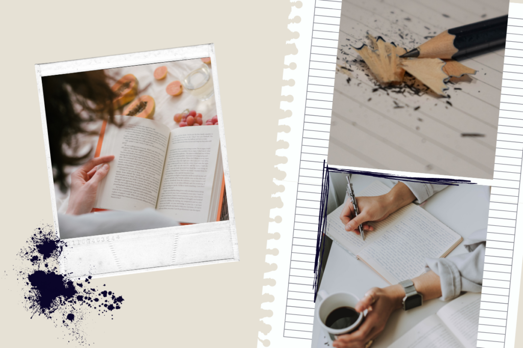 collage image of three photos of an open book, a sharpened pencil, and someone writing on a notepad