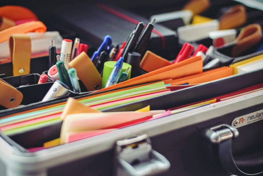 Close-up of colorful office supplies.