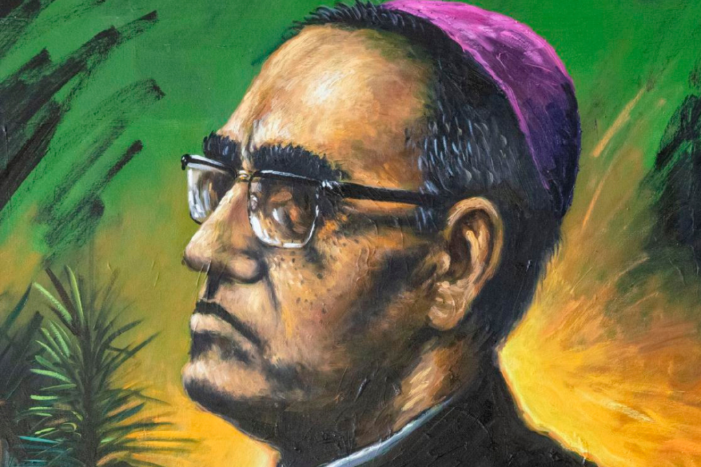 A painting of saint Romero wearing a purple cap.