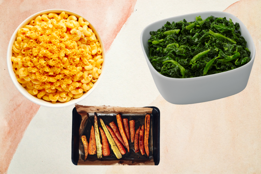 Photos of mac and cheese, cooked spinach, and baked carrots against an orange background.